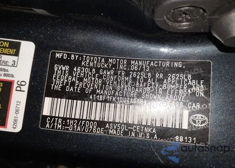 2013 Toyota Camry Le из США, поврежденный, VIN 4T1BF1FK1DU710184